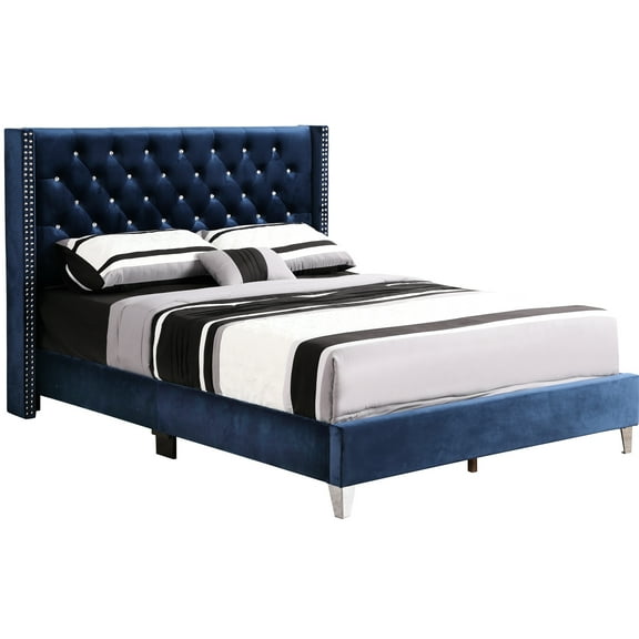Spacious Navy Blue Upholstered Bed With Built-in Side Tables 65 In. Width For Ample Space