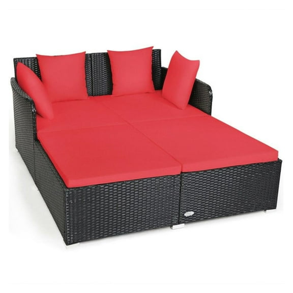 Spacious Outdoor Rattan Daybed with Upholstered Cushion