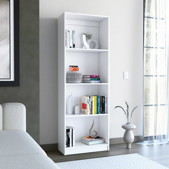 Spacious Shelving Bookcase In White - Ideal For Home Organization Four Generous Shelves Your Belongings Versatile Decor Option Assembly Required