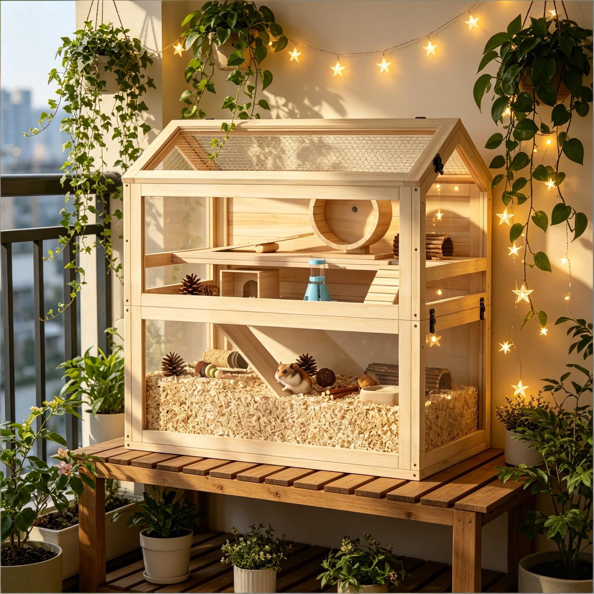 Spacious Small Animal Cage, Wooden Hamster Cage Pet Cage