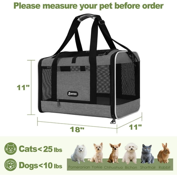 Soft-Sided Pet Carrier 18x11x11 Inch Collapsible Dog Cat Travel Bag for 15 lbs and Under 10 lbs