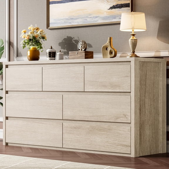 Spacious Storage Solution 7 Drawer Dresser – Modern Wide Wooden Chest of Drawers – Large Organizer Cabinet for Living Room, Hallway, Entryway – Light Yellow Classic Wood Grain (AB Package)