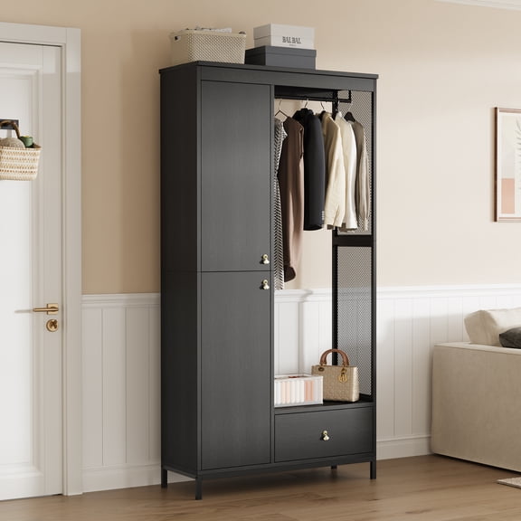 Spacious Storage Solution Armoire Wardrobe Closet – Modern Metal & Wood Frame, Double Doors, Open Hanging Rod, Bottom Drawer, Shelves, Freestanding Bedroom Furniture – Ideal for Small Spaces
