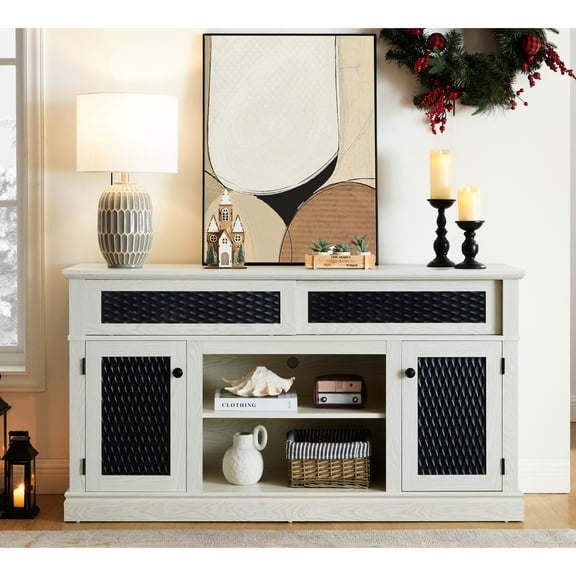 Spacious Storage Tv Stand With Sliding Cabinet, Fits 65" Tv, White, 57.97"w X 15.5"d 31.7"h White Entertainment Cabinet Pattern, Compatible,