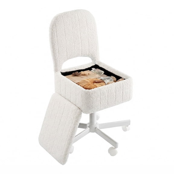 Spacious Storage Vanity Stool - White Padded Ottoman with Adjustable Height, 360° Swivel, Folding Backrest, Silent Wheels, Soft Faux Rabbit Fur for Makeup, Bedroom, Office