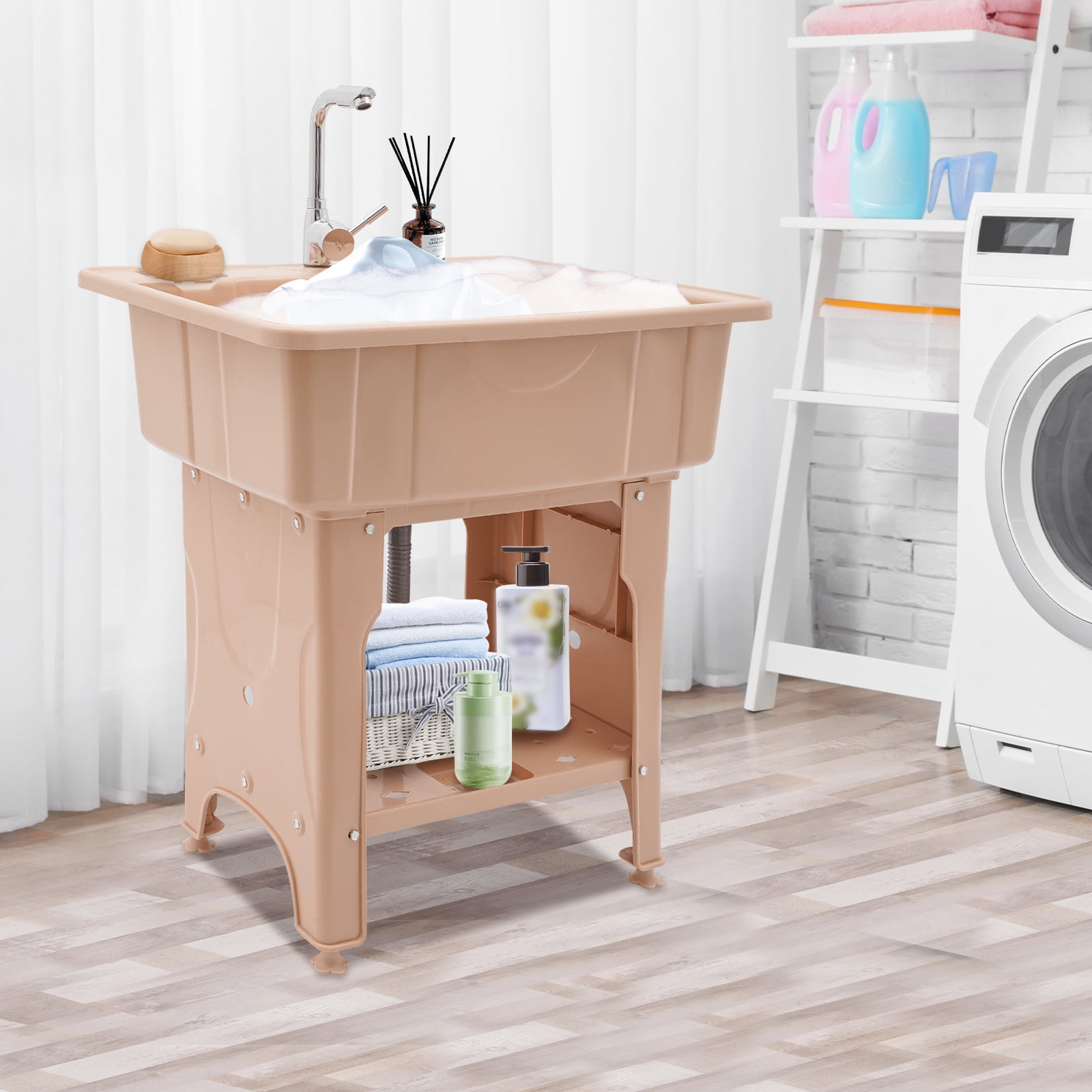 Spacious Utility Sink, Modern Coffee Laundry Sink, Utility Sink with Storage Shelf, Slop Sink Wash Station 31.5*22.05*33.46in