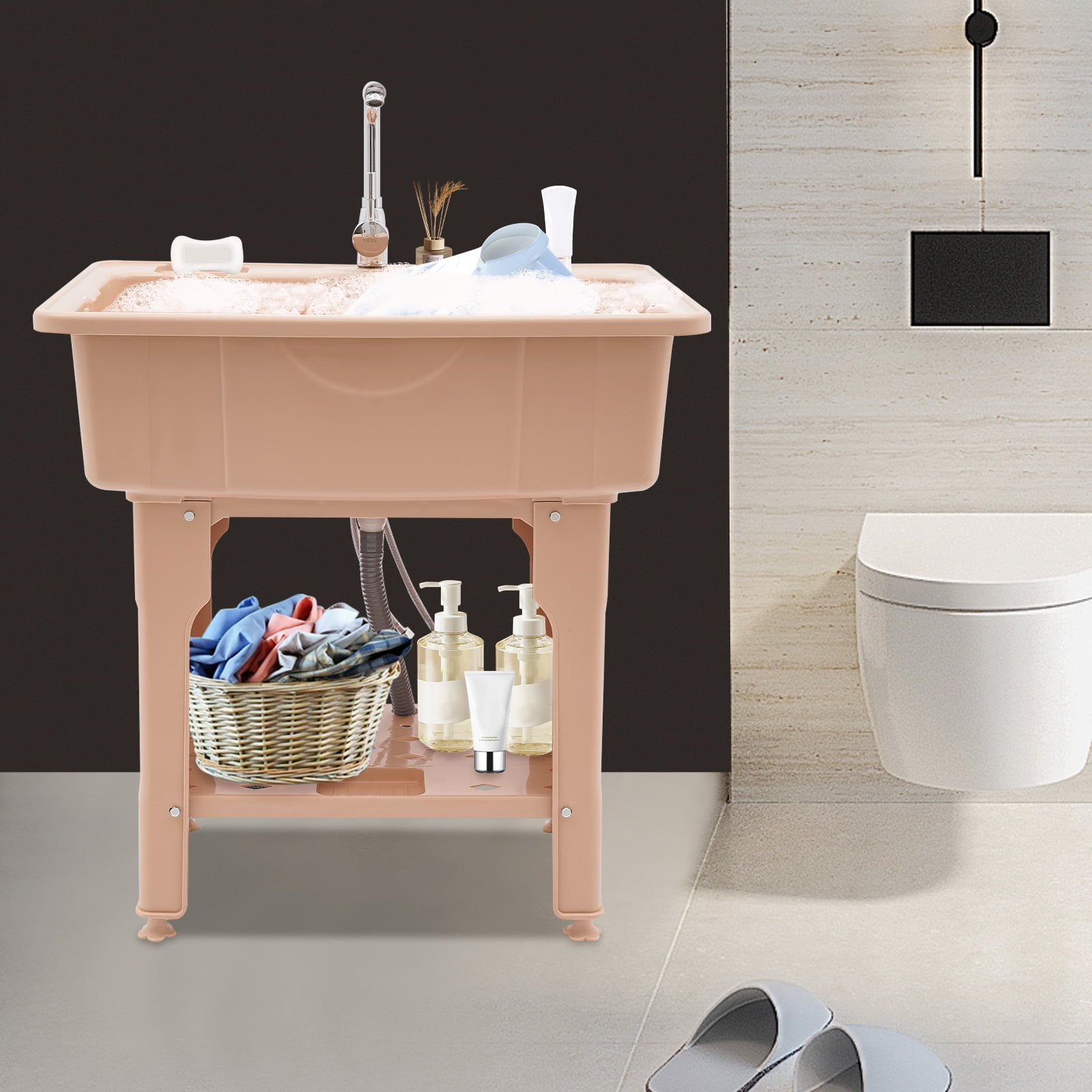 Spacious Utility Sink, Utility Sink with Storage Shelf, Slop Sink Wash Station Modern Coffee Laundry Sink, 31.5*22.05*33.46in