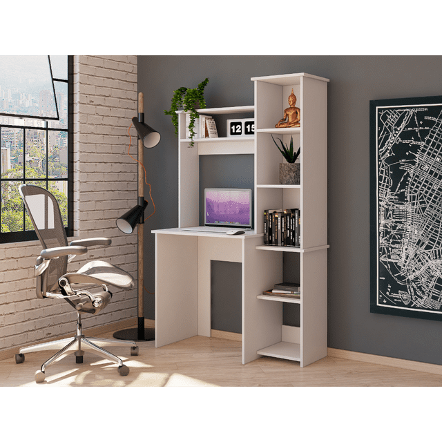 Spacious White Desk with Hutch and 5 Shelves for Work and Storage