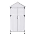 thumbnail image 1 of Spacious White Fir Wood Storage Shed, 67-Inch Tall with Dual Doors, Triangular Roof, and 4 Interior Compartments for Organized Garden Tool Storage, 1 of 9