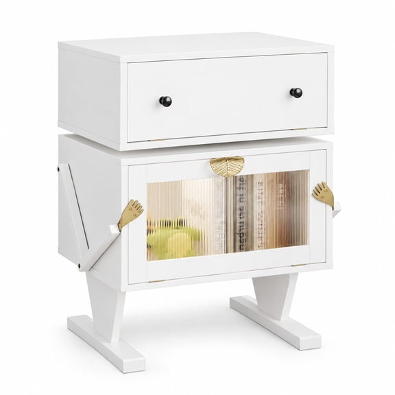 Spacious White Robot-Style Nightstand with LED Lights, 360 Rotating Storage Drawer End Table, Modern Wood Bedside Table for Bedroom Home Office
