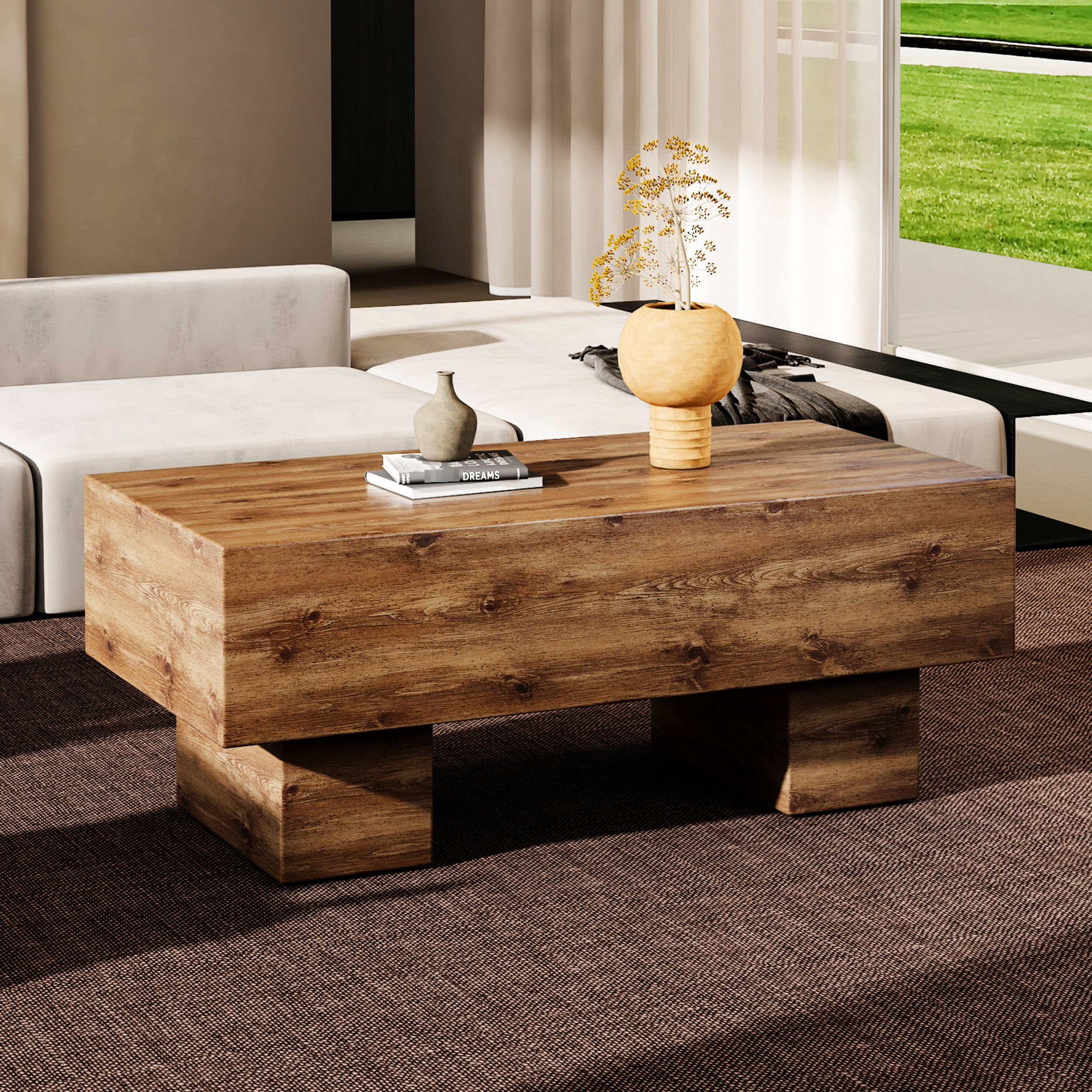 Spacious Wood-Textured Coffee Table+300-Pound Load Capacity