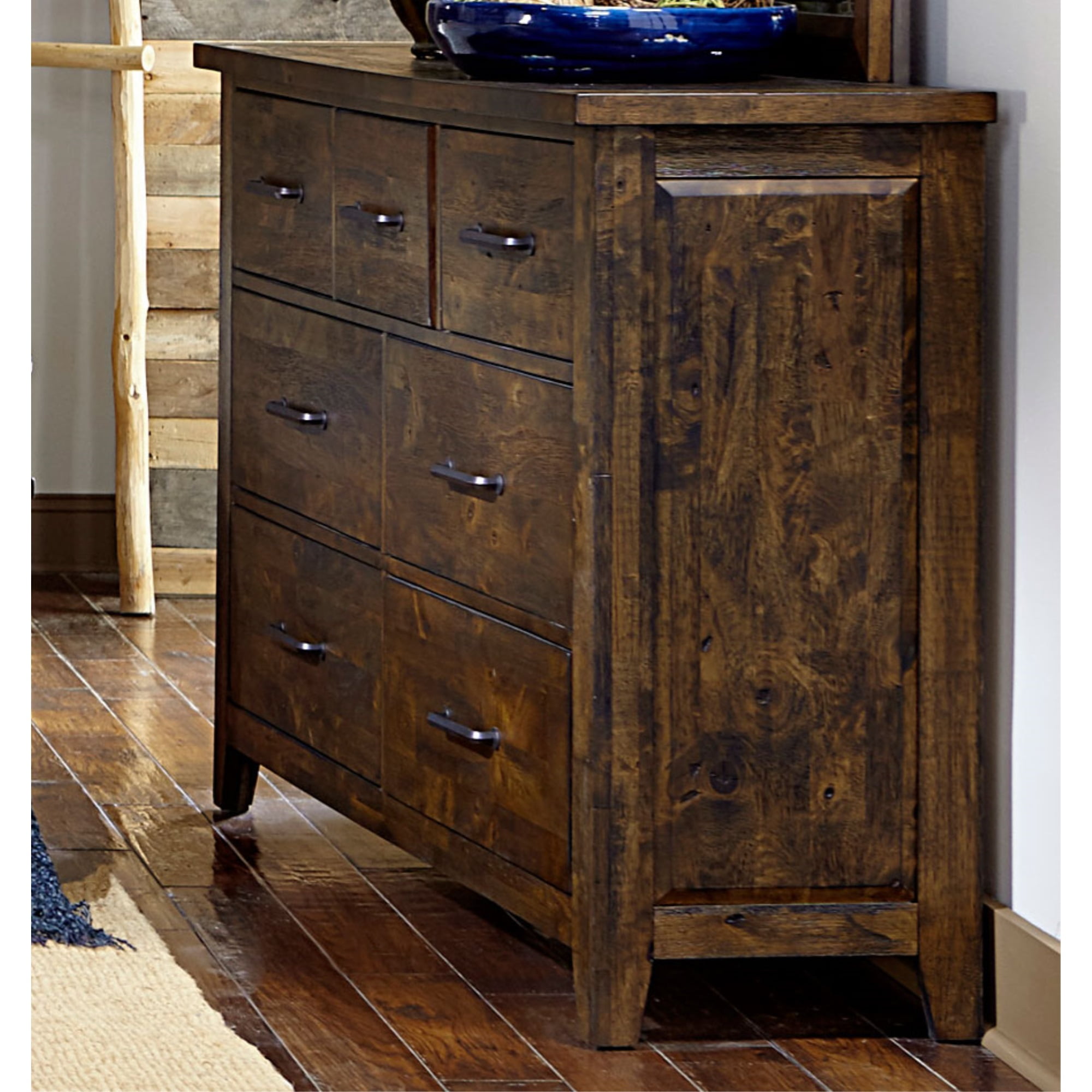 Rustic Burnished Brown Wooden Dresser with 7 Spacious Drawers