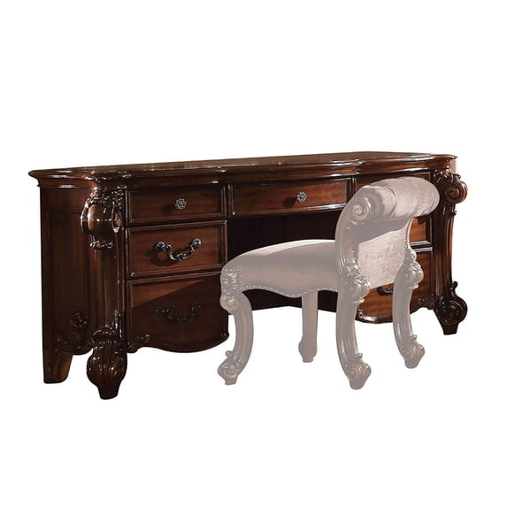 Spacious Wooden Vanity Desk with Scrolled Poster Legs, Cherry Brown