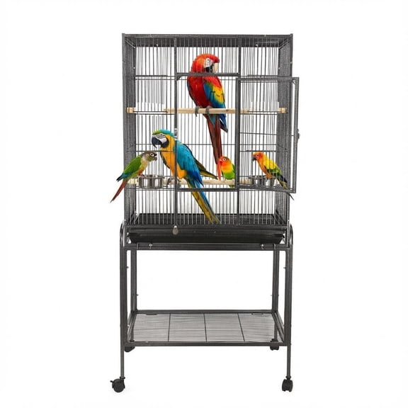 Spacious Wrought Iron Bird Cage with Rolling Stand – Extra Large Flight Cage with Wooden Perches, Indoor Aviary, Easy Access