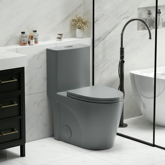 Spaco 1.1/1.6 GPF Dual Flush One-Piece Toilet, Button on Tank top S-trap 12 inches, Elongated Bowl with Soft Close Seat, Water-Saving MAP 1000g, Comfort Chair Seat ADA Height, Light Gray