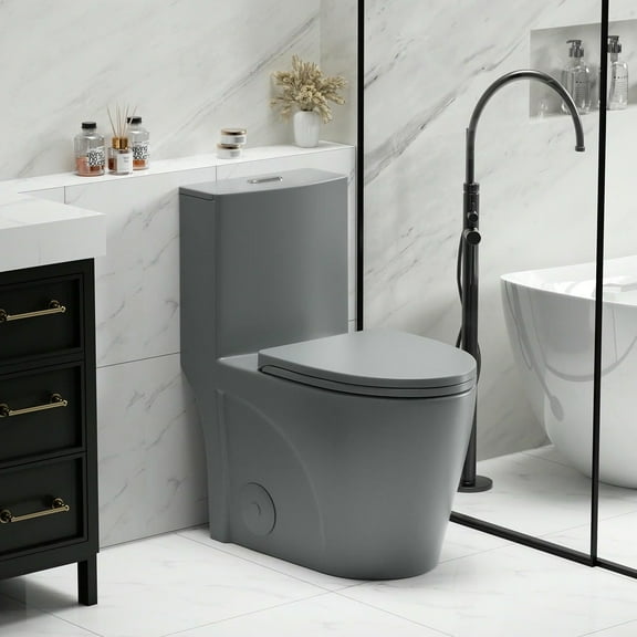 Spaco 1.1/1.6 GPF Dual Flush One-Piece Toilet, Button on Tank top S-trap 12 inches, Elongated Bowl with Soft Close Seat, Water-Saving MAP 1000g, Comfort Chair Seat ADA Height, Light Gray