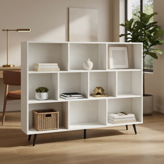 Spaco 10-Cube Bookcase - 5 Tapered Metal Legs Anti-Tip, Stable Structure, Home Storage, Off-White