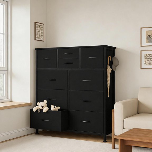 Spaco 10-Drawer Dresser with Side Pockets Hooks, 12mm Wooden Top, Reinforced Steel Frame, Anti-Tipping Structure for Bedroom Closet Storage Solution, Gray