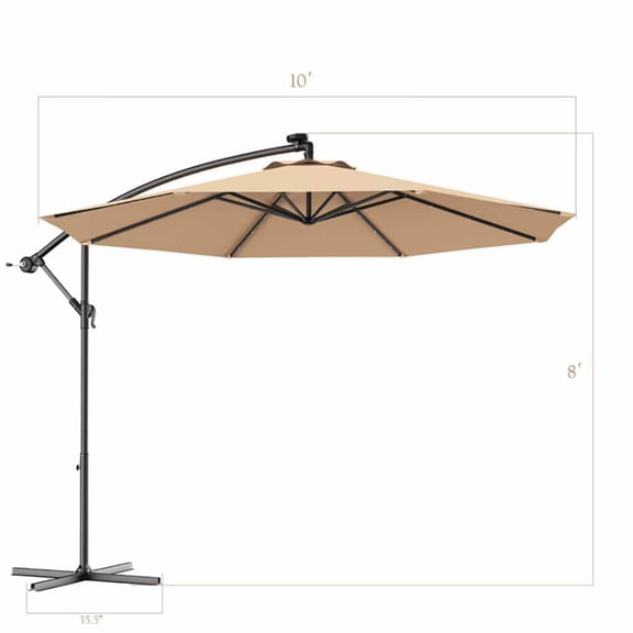 Spaco 10 FT Patio Hanging Solar LED Umbrella Sun Shade with Cross Base, Umbrella with Practical Angle Control System, Beige