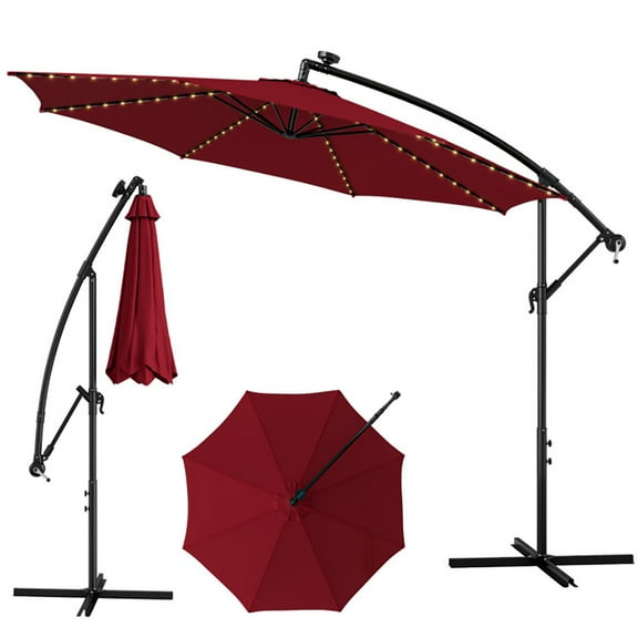 Spaco 10 Feet Patio Offset Umbrella with 112 Solar-Powered LED Lights-Beige-Wine, Patio Offset Umbrella with Easy Tilt Adjustment, Outdoor Cantilever Hanging Umbrella