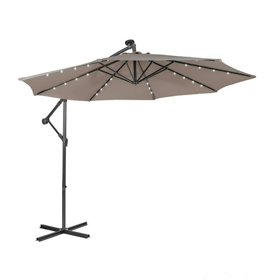 Spaco 10 Feet Patio Solar Powered Cantilever Umbrella with Tilting System-Coffee, Patio Offset Umbrella with Easy Tilt Adjustment, Outdoor Cantilever Hanging Umbrella