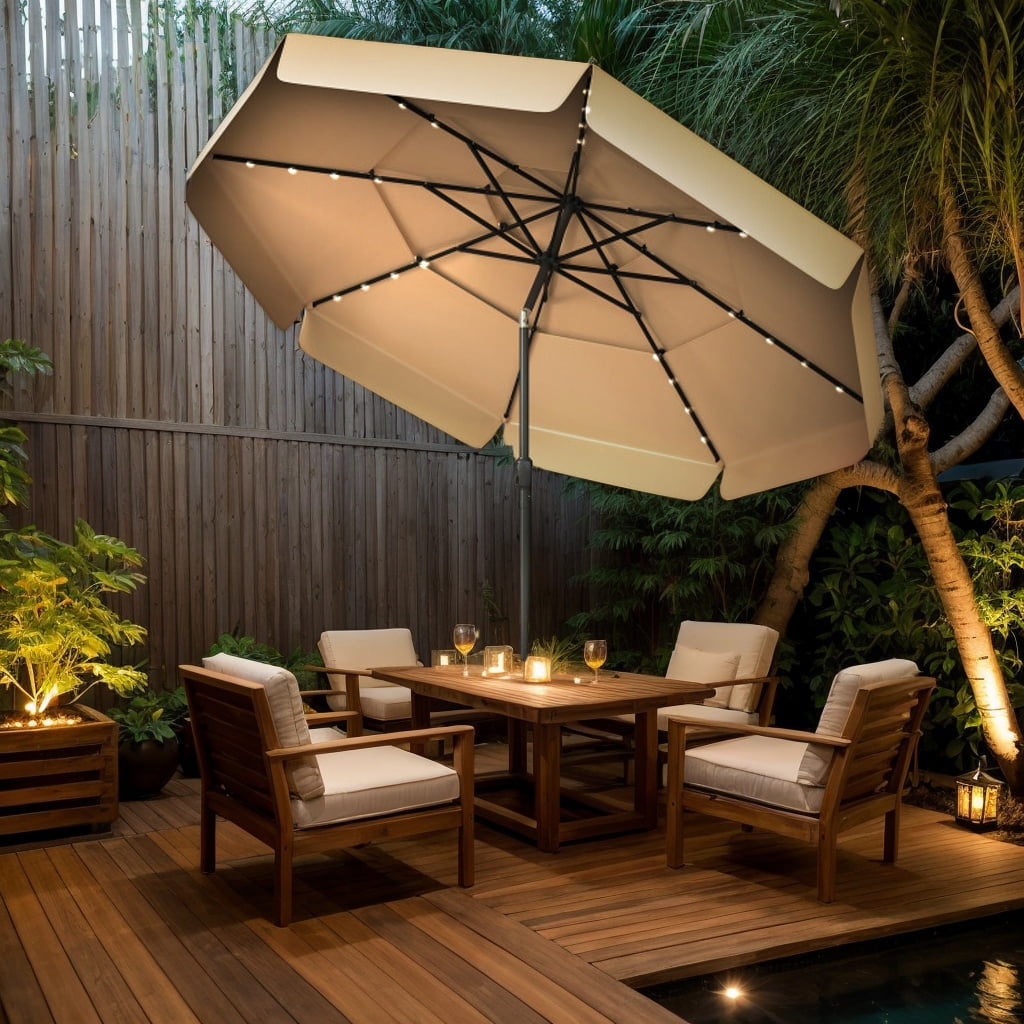 Spaco 10 Feet Solar Patio Umbrella with 3-Tier Vented Top, Outdoor Shade, Beige