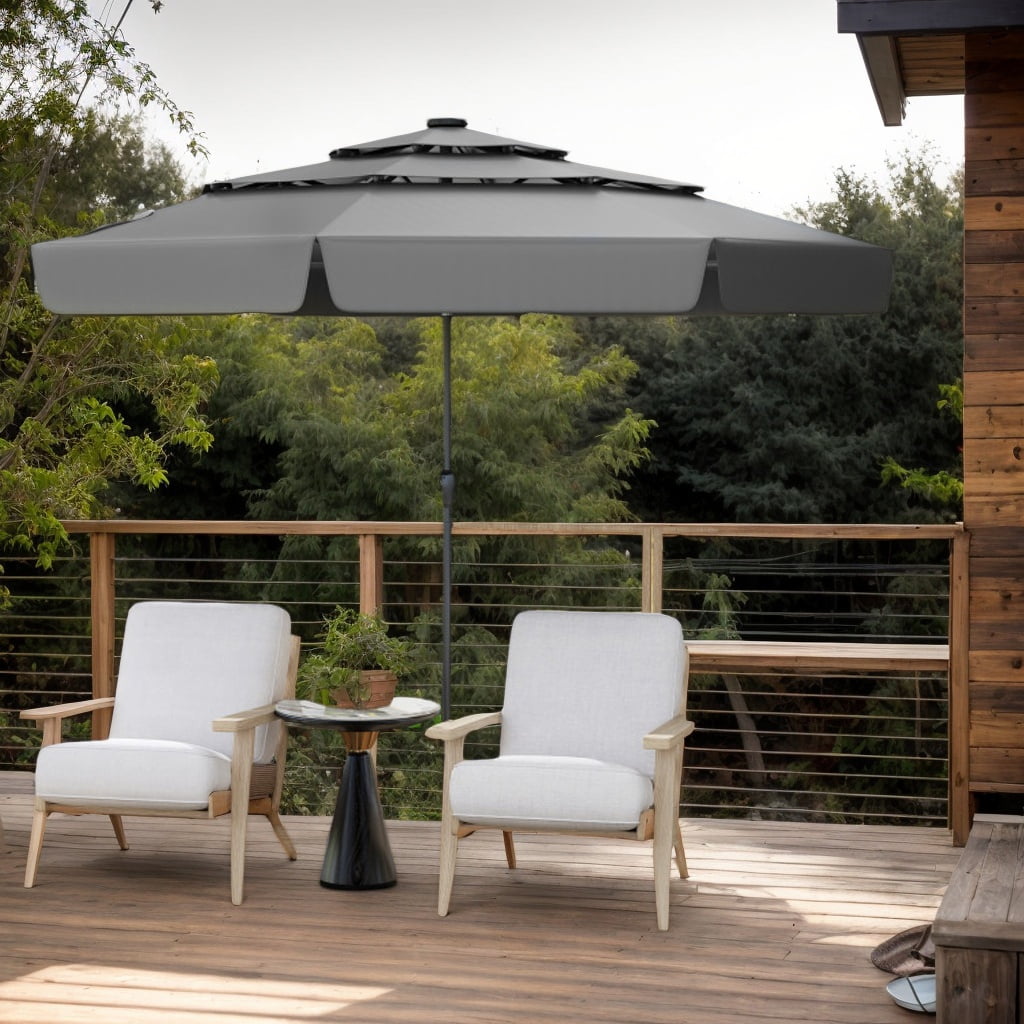 Spaco 10 Feet Solar Patio Umbrella with 3-Tier Vented Top, Outdoor Shade, Gray