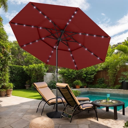 Spaco 10 Feet Solar Patio Umbrella with 32 LED Lights 3-Tier Vented Top, Outdoor Shade, Wine