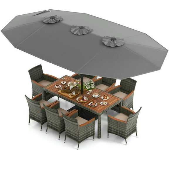 Spaco 10 Pieces Patio Wicker Dining Set, Table with 15 Feet Double-Sided Patio Umbrella, Dining Set for Outdoor, Gray
