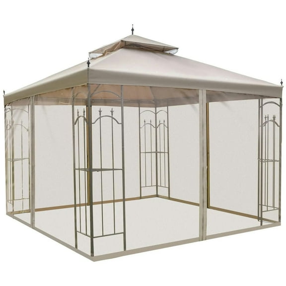 Spaco 10' x 10' Patio Shade with Corner Frame Shelves, Double Roof Shade Canopy Shelter with Netting for Outdoor as Garden, Patio, Balcony, Backyard, Brown
