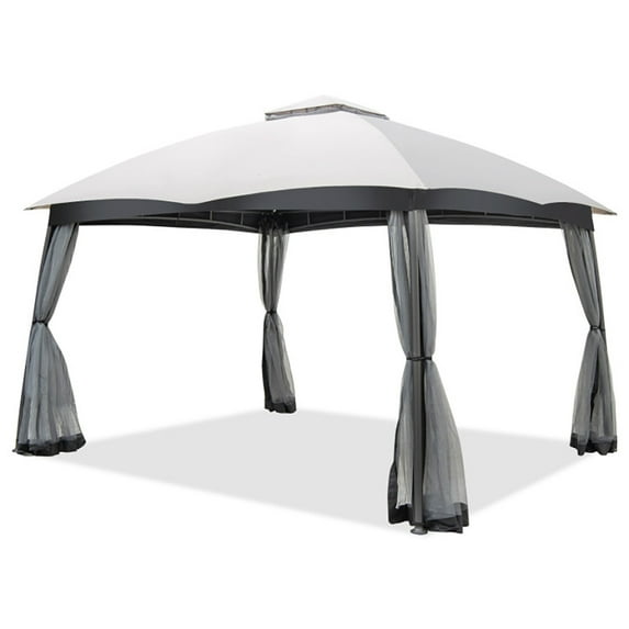 Spaco 10 x 12 Feet Patio Double-Vent Canopy with Privacy Netting and 4 Sandbags-Gray, Roof Hardtop Galvanized Steel Top Canopy, Patio Heavy Duty Gazebo for Deck, Backyard