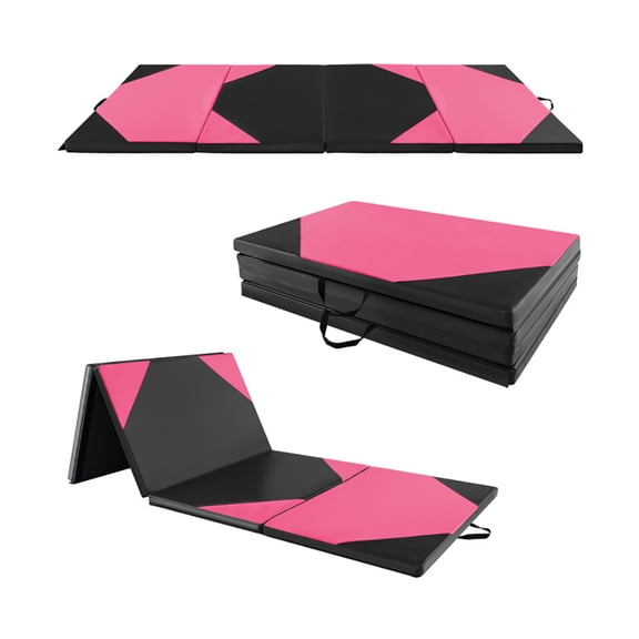 Spaco 10' x 4' x 2" Folding Exercise Mat with Hook and Loop Fasteners-Black & Pink, Folding Thick Exercise with Carrying Handles for MMA, Gymnastics, Stretching, Core Workouts