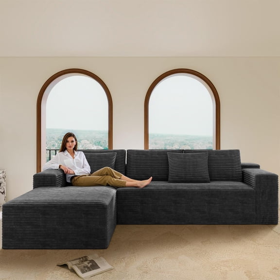 Spaco 104" Cloud Sectional Sofa with L-Shape Chaise, Modern Corduroy Modular Couch with Deep Seat, Upholstered Couches for Living Room, Bedroom, Gray-LHF