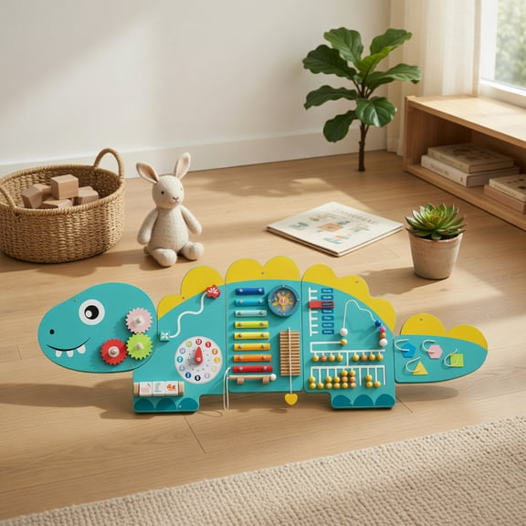 Spaco 11-in-1 Dinosaur Activity Wall Panel, Abacus, Xylophone, Fine Motor Skill Training, Green
