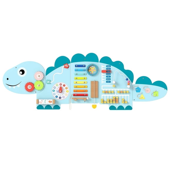 Spaco 11-in-1 Dinosaur Activity Wall Panel, Clock, Sliding Maze, Early Education, Blue