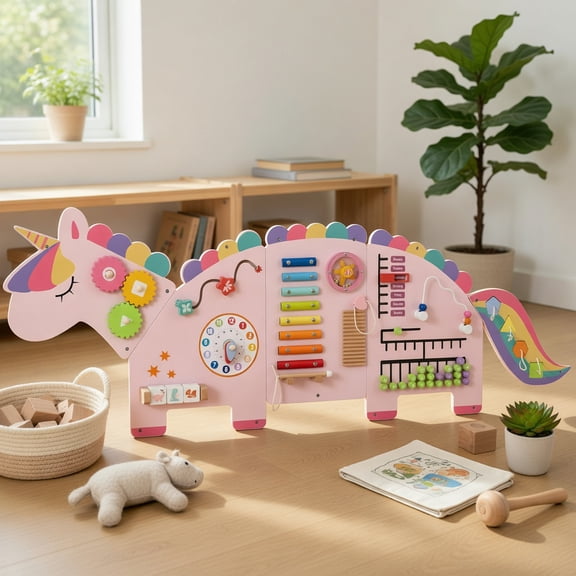 Spaco 11-in-1 Dinosaur Activity Wall Panel, Shape Identification, Scratch Board, Pink