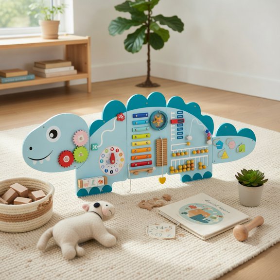Spaco 11-in-1 Dinosaur Activity Wall Panel, Sliding Maze, Early Education, Clock, Blue