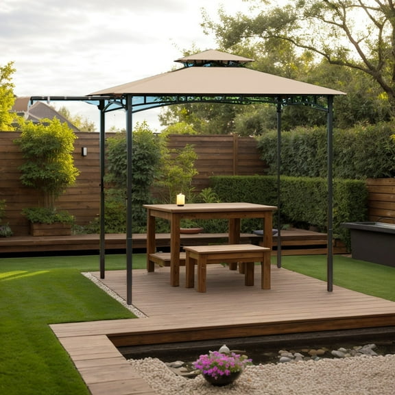 Spaco 11 x 5 FT Grill Canopy with Side Awning and Double-Tiered Top, Canopy for Patio, Garden, Backyard, Beige