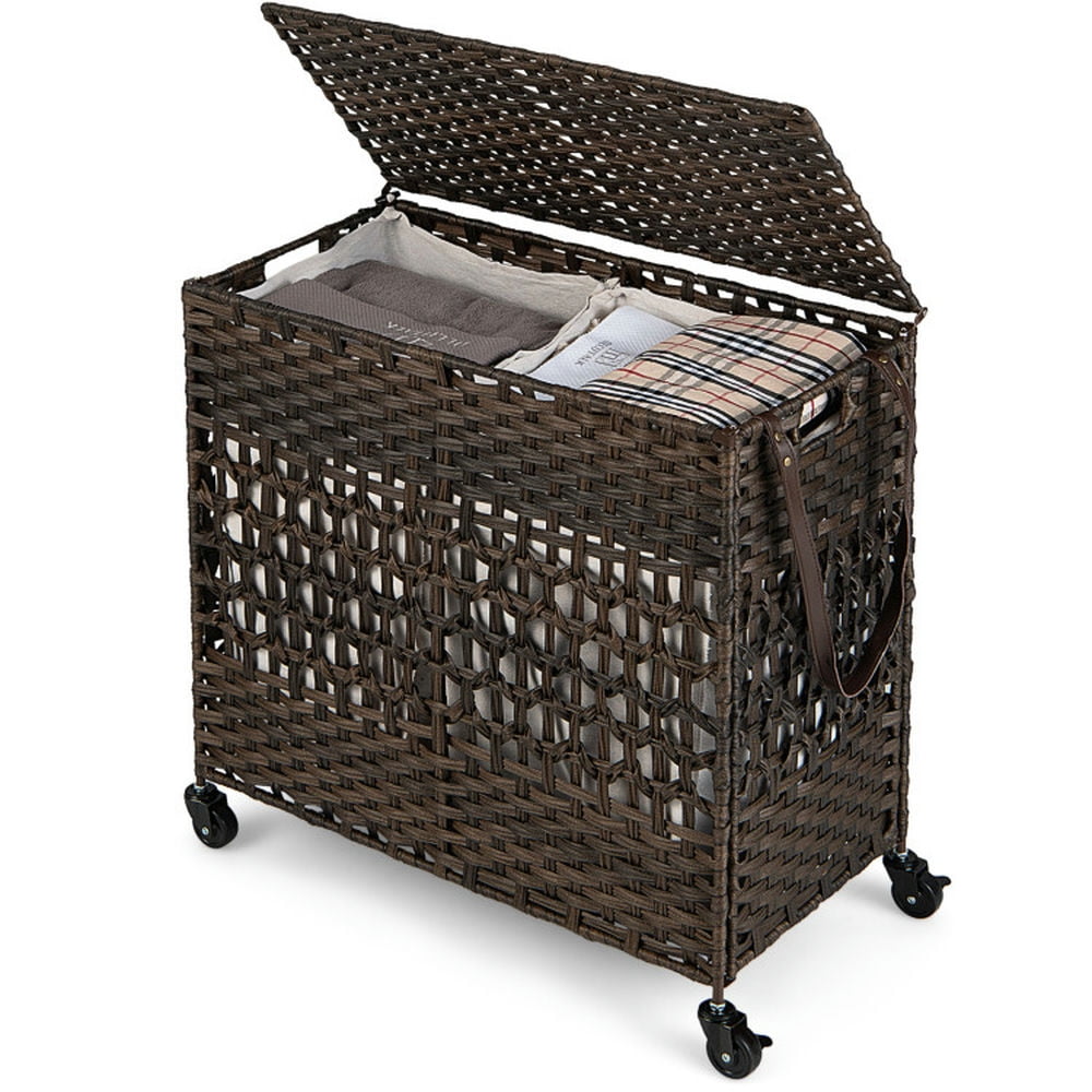 Spaco 110L 2-Section Laundry Hamper with 2 Removable and Washable Liner Bags-Brown, Laundry Hamper for Bedroom, Bathroom, Dorm, Laundry Room