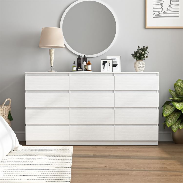 Spaco 12 Chest of Drawers, Multipurpose Minimalist Style 12 Drawer Dresser, Cabinet without Handle, Wooden Dressers for Bedroom, Living Room, Hallway, White Spaco 12 Chest of Drawers, Multipurpose Minimalist Style 12 Drawer Dresser, Cabinet without Handle, Wooden Dressers for Bedroom, Living Room, Hallway, White