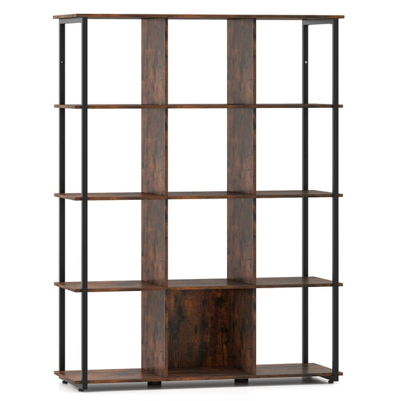 Spaco 12-Cube Bookcase - Metal Frame Adjustable Feet, 2 Anti-Tipping Accessories, Living Room Organizer, Rustic Brown