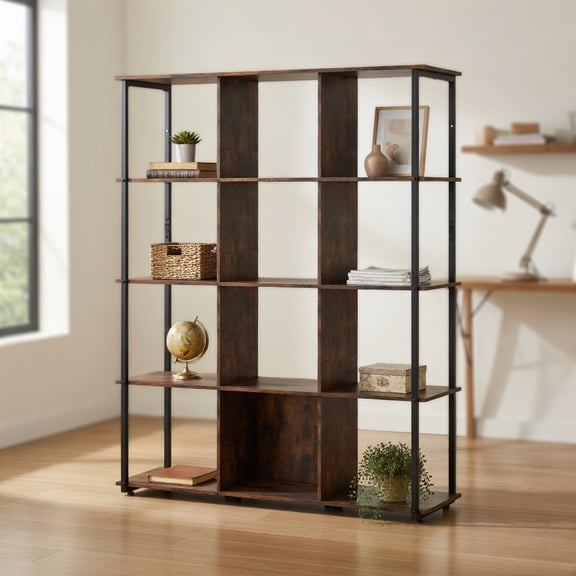 Spaco 12-Cube Bookcase - Metal Frame Adjustable Feet, 2 Anti-Tipping Accessories, Living Room Organizer, Rustic Brown