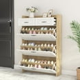 thumbnail image 1 of Spaco 1250 White + Oak Color Shoe Cabinet with 3 Doors 2 Drawers, PVC Door with Shape, Large Space for Storage, 1 of 5