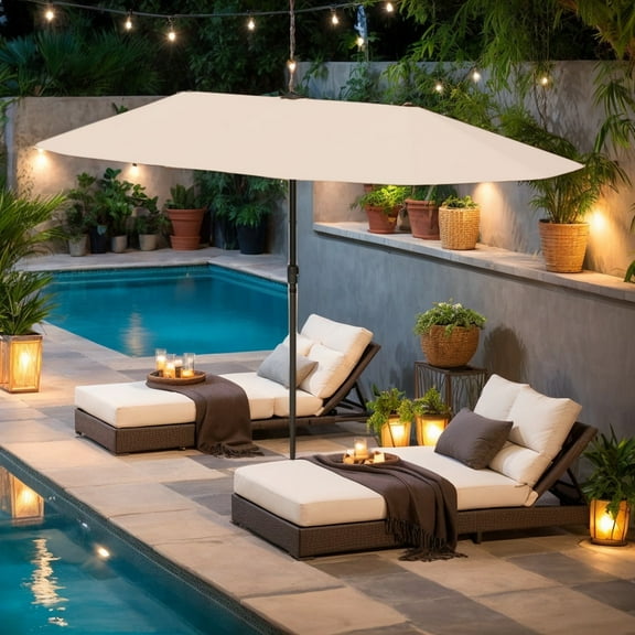 Spaco 13 FT Large Patio Umbrella, Shade with LED Solar Lights and Crank Handle for Patio, Garden, Backyard, Beige