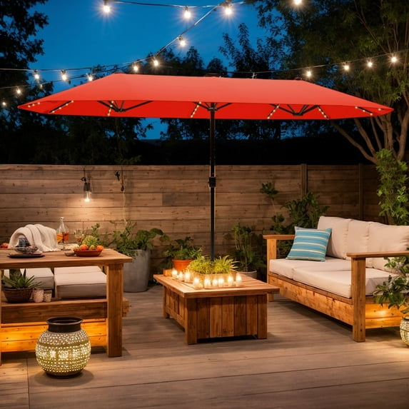 Spaco 13 FT Large Patio Umbrella, Shade with LED Solar Lights and Crank Handle for Patio, Garden, Backyard, Orange