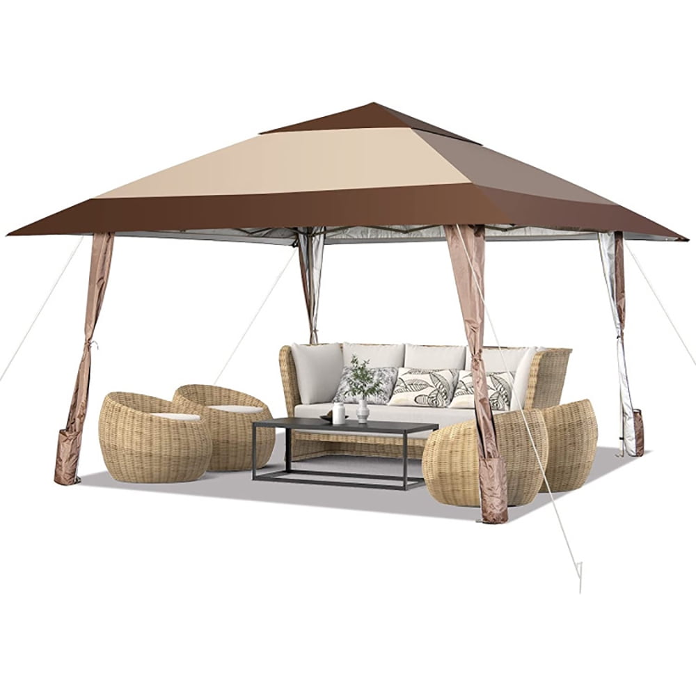 Spaco 13 x 13 Feet Pop-Up Feet Patio Gazebo with Wheels-Coffee, Roof Hardtop Galvanized Steel Top Canopy, Patio Heavy Duty Gazebo for Deck, Backyard