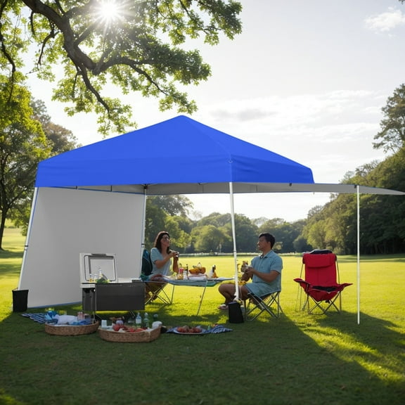 Spaco 14 x 9.2 Feet Pop up Canopy Tent, Canopy with 2 Convertible Sidewalls to Awning and Stakes for Patio, Garden, Backyard, Blue