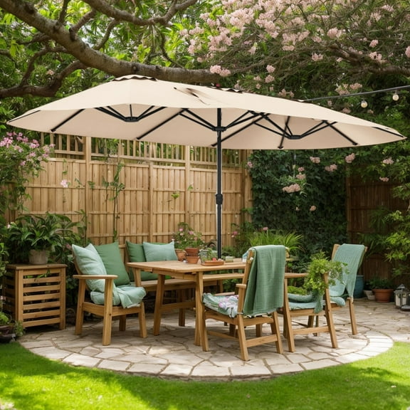 Spaco 15.5 FT Extra-Large Patio Umbrella, Outdoor Shade with LED Solar Lights and Crank Handle, Beige