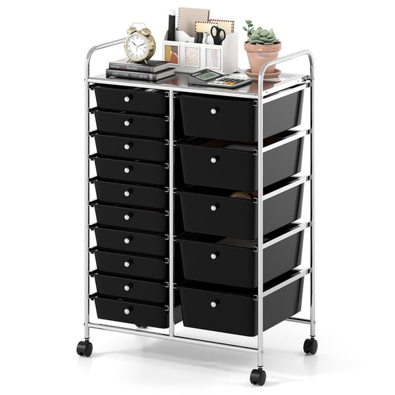 Spaco 15-Drawer Rolling Storage Cart - Chrome-Plated Steel Frame Lockable Wheels, Top Shelf, Smooth Metal Tracks, Black