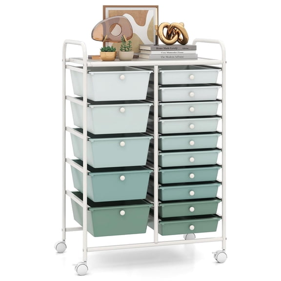 Spaco 15-Drawer Utility Rolling Cart - Metal Frame Lockable Universal Wheels, Removable Drawers, Side Top Handles, Lime Green